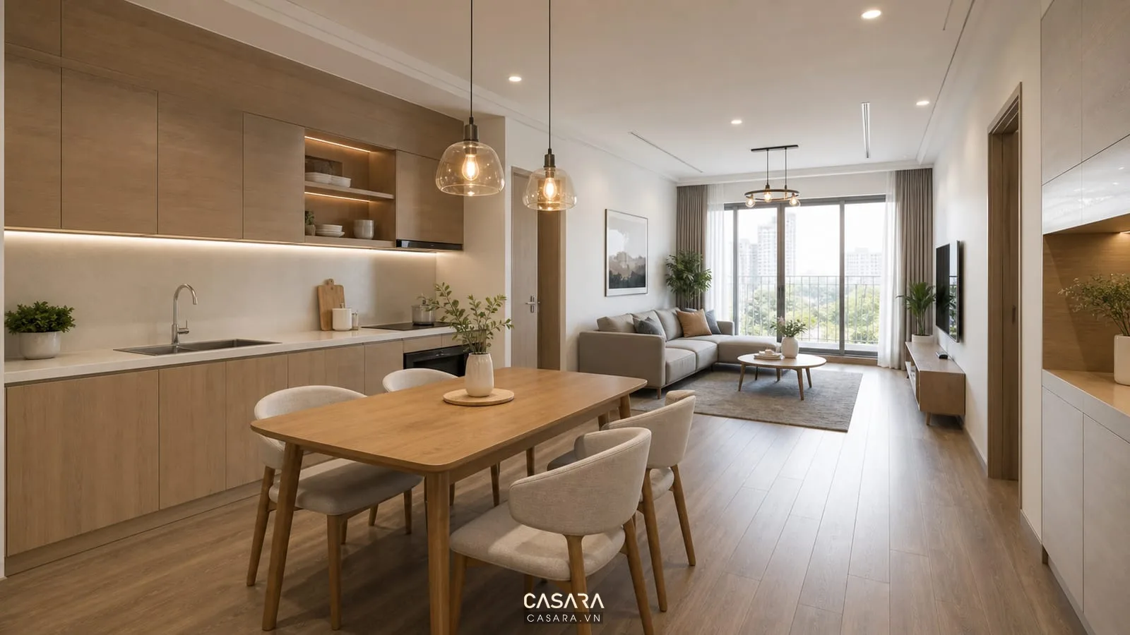 Trang trí chung cư 2 phòng ngủ có bếp liền bàn ăn tủ bếp gỗ sáng bàn bốn ghế đèn thả và sàn gỗ