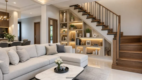 Trang trí dưới cầu thang phòng khách nhà phố hiện đại với sofa trung tính, cầu thang gỗ, kệ âm tường và đèn hắt ấm