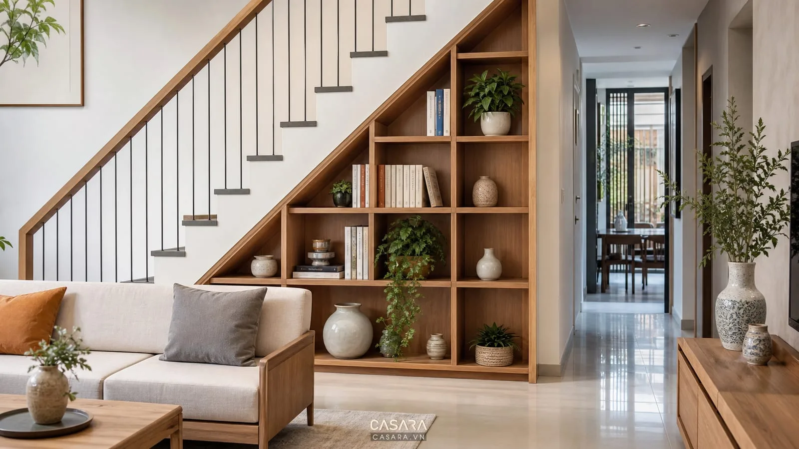 trang trí gầm cầu thang phòng khách bằng kệ mở gỗ có sách bình gốm và cây xanh