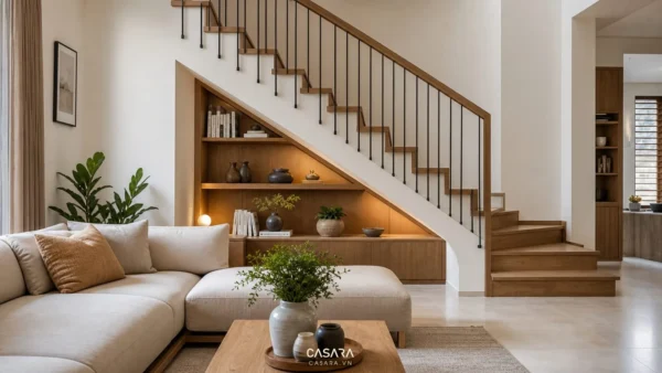 Trang trí gầm cầu thang phòng khách nhà phố hiện đại với sofa trung tính, cầu thang gỗ, kệ thấp và đèn hắt ấm