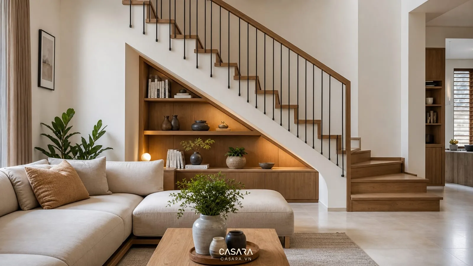 Trang trí gầm cầu thang phòng khách nhà phố hiện đại với sofa trung tính, cầu thang gỗ, kệ thấp và đèn hắt ấm