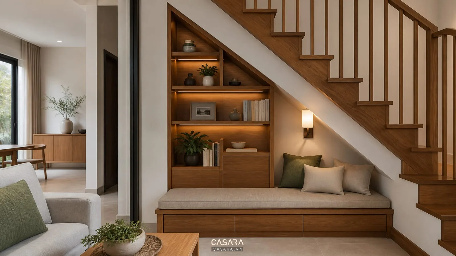 Trang trí dưới cầu thang đẹp bằng ghế băng gỗ có nệm, kệ sách thấp, đèn tường, cầu thang gỗ và phòng khách nhà phố ấm cúng