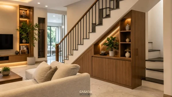 Gầm cầu thang phòng khách nhà phố trang trí theo phong thủy với tủ gỗ âm tường, cây xanh nhỏ, sofa trung tính và ánh sáng ấm