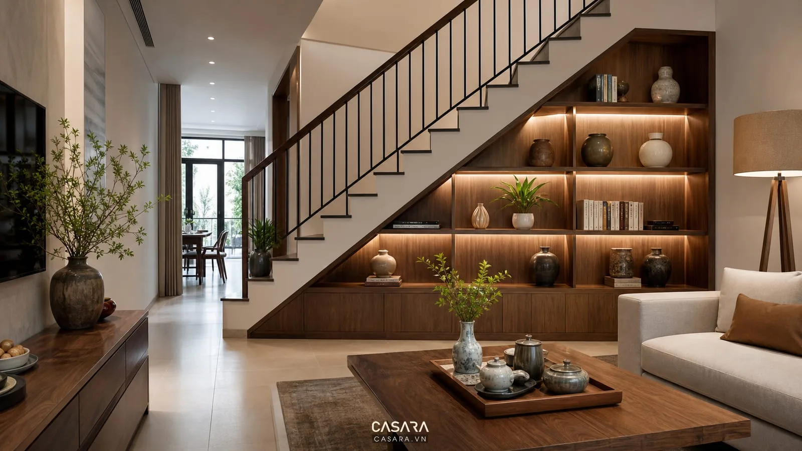 Gầm cầu thang có kệ trang trí gỗ, đèn led hắt ấm, bình gốm, sách, cây xanh nhỏ và phòng khách nhà phố sang trọng