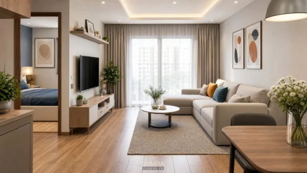 Trang trí nhà chung cư với phòng khách hiện đại sofa kệ tivi rèm sáng và sàn gỗ