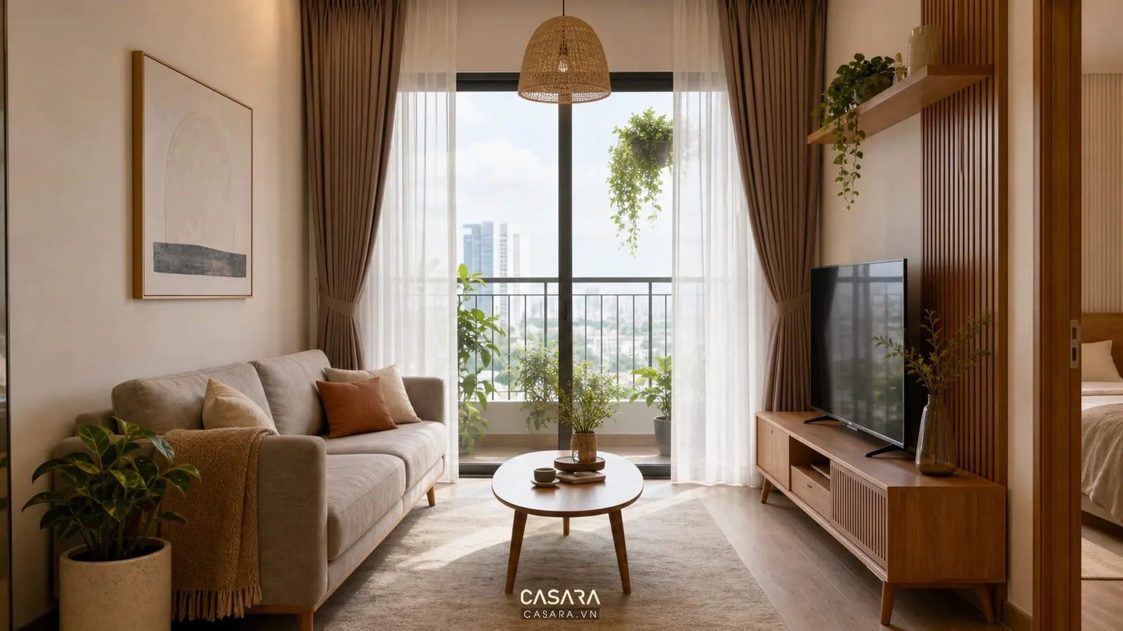 Trang trí chung cư với phòng khách sofa vải kệ tivi gỗ bàn trà nhỏ và ban công sáng