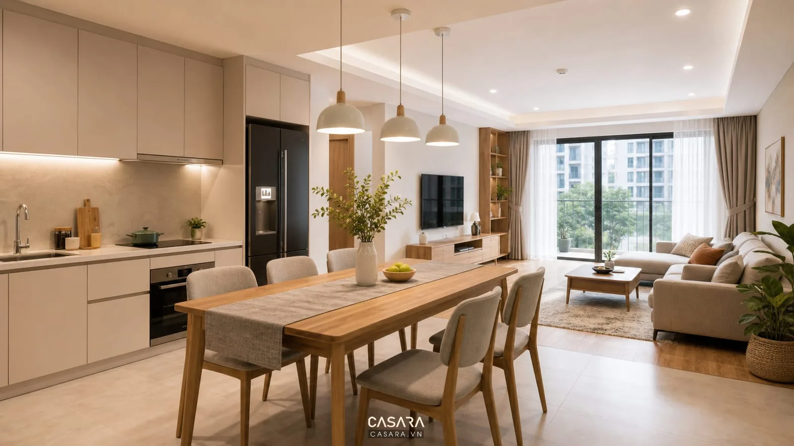 Căn hộ chung cư có bếp mở bàn ăn gỗ tủ bếp sáng màu và phòng khách liền kề