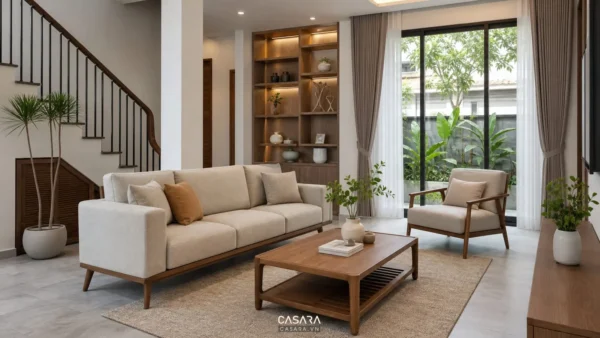 trang trí nội thất nhà với phòng khách nhà phố hiện đại có sofa, bàn trà và tủ trang trí