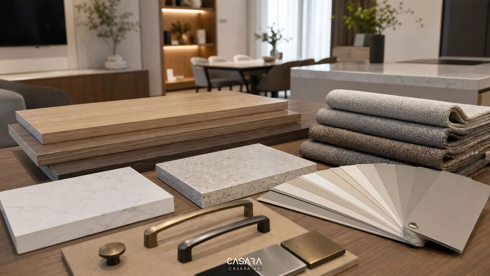mẫu vật liệu trang trí nội thất nhà với gỗ công nghiệp, đá, vải sofa và bảng màu trung tính