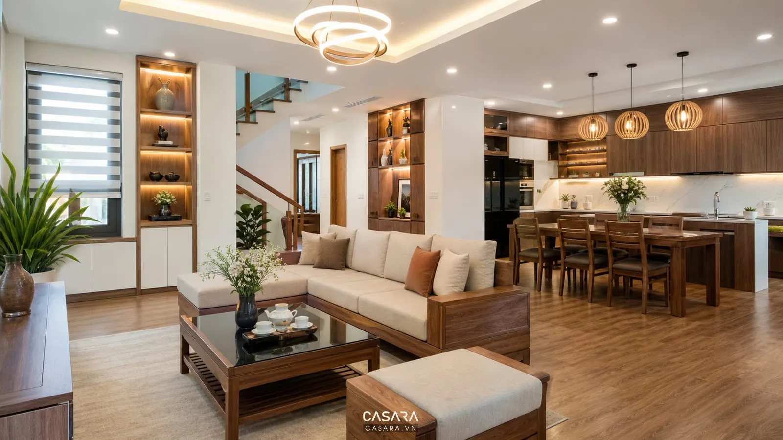 Trang trí nội thất nhà đẹp cho bếp và bàn ăn với tủ bếp gỗ đèn thả