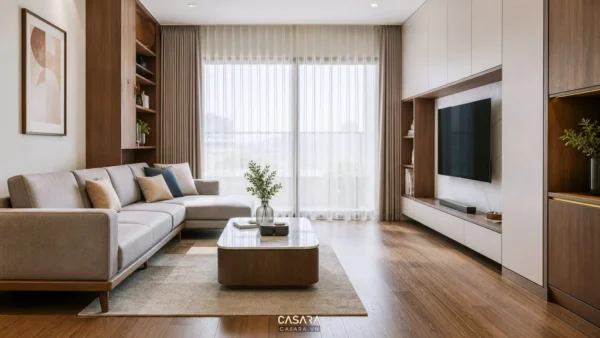 Trang trí nội thất trọn gói TP HCM cho căn hộ hiện đại có sofa kệ tivi tủ âm tường sàn gỗ và rèm sáng màu