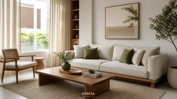 trang trí không gian phòng khách màu trung tính với sofa sáng gối xanh olive bàn trà gỗ tranh tối giản và rèm vải mềm