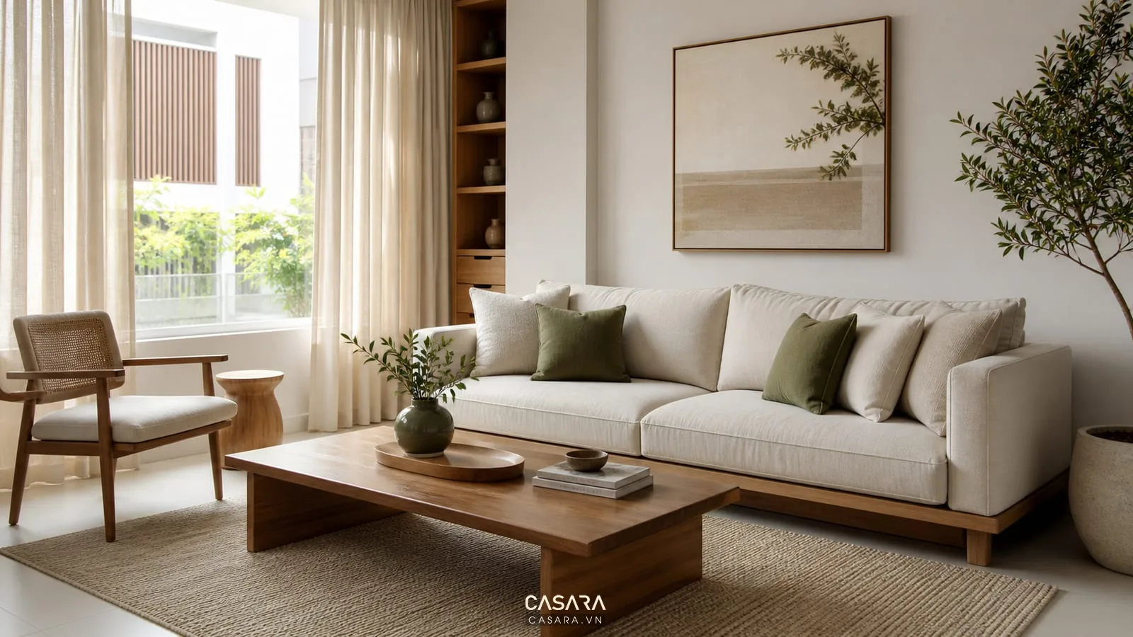 trang trí không gian phòng khách màu trung tính với sofa sáng gối xanh olive bàn trà gỗ tranh tối giản và rèm vải mềm