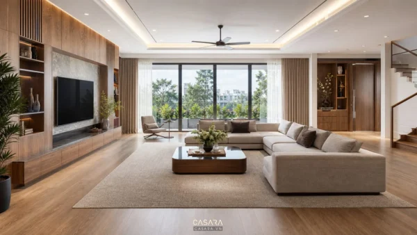 Phòng khách rộng hiện đại với sofa lớn, thảm và tường TV gỗ