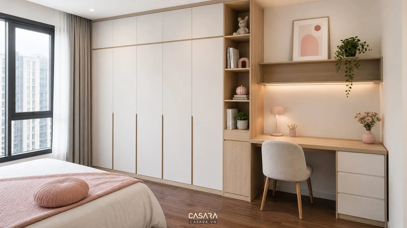 phòng ngủ dễ thương cho con gái có tủ áo kịch trần và bàn trang điểm nhỏ