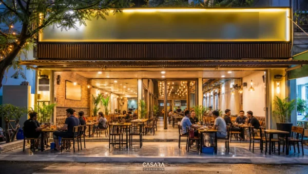 Mặt tiền quán bia hơi với biển hiệu rõ ràng và bàn ghế ngoài hiên