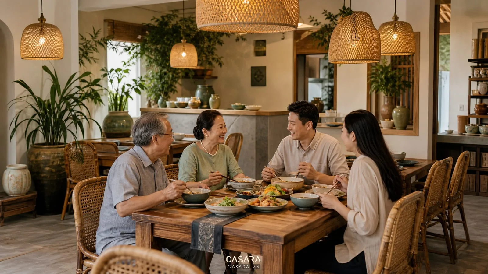 Quán chay mộc ấm với bàn gỗ, ghế mây, đèn thả vàng, bình gốm và cây xanh trong khu ăn gia đình.