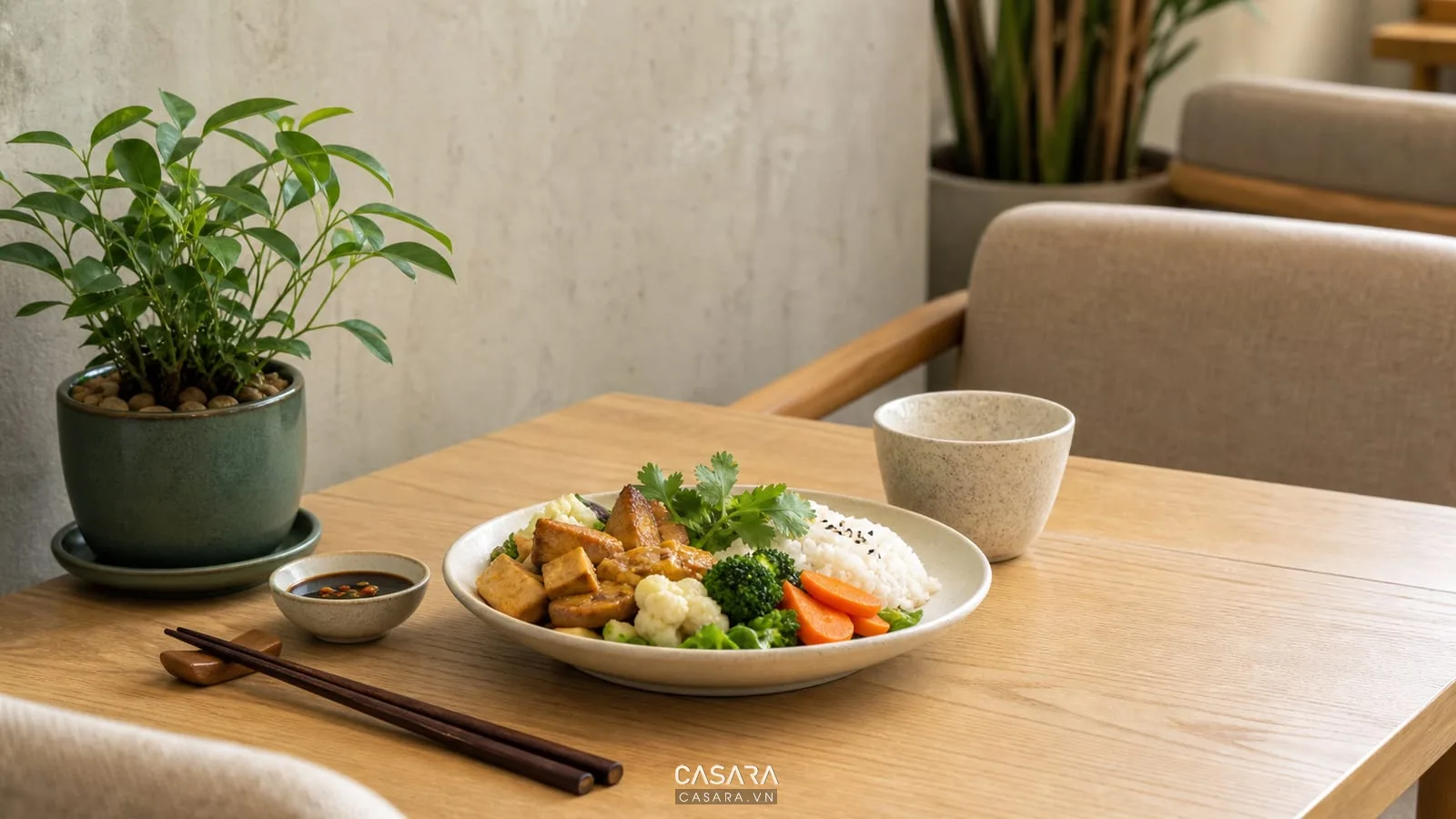 Bàn ăn quán chay với mặt gỗ sáng, ghế be, tường sơn khoáng, cây nhỏ, món chay và ánh sáng tự nhiên.