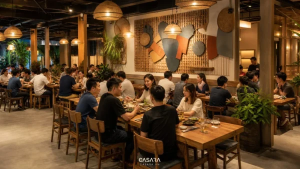 Không gian quán nhậu với bàn gỗ dài, ghế gỗ, đèn thả ánh sáng ấm và mảng tường trang trí biển hiệu gần khu ăn uống.