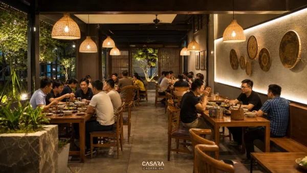 Quán nhậu đẹp có bàn ghế gỗ, khách ngồi theo nhóm, đèn thả ánh sáng ấm và tường trang trí đơn giản.