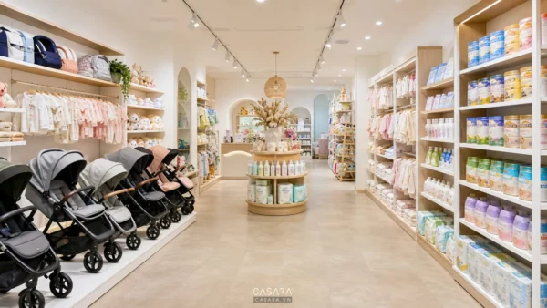 Shop mẹ và bé đẹp với kệ trưng bày sản phẩm trẻ em và lối đi rộng