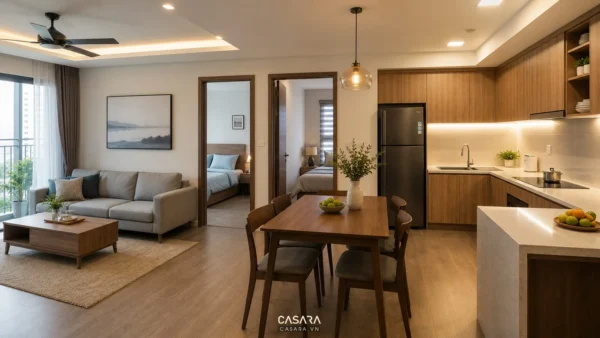 Nội thất căn hộ 2 phòng ngủ hiện đại với phòng khách liền bếp và bàn ăn