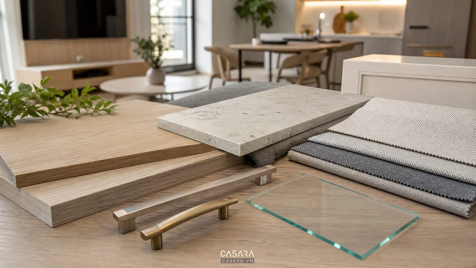 mẫu vật liệu nội thất chung cư với gỗ vân sồi đá mặt bếp vải sofa và tay nắm kim loại