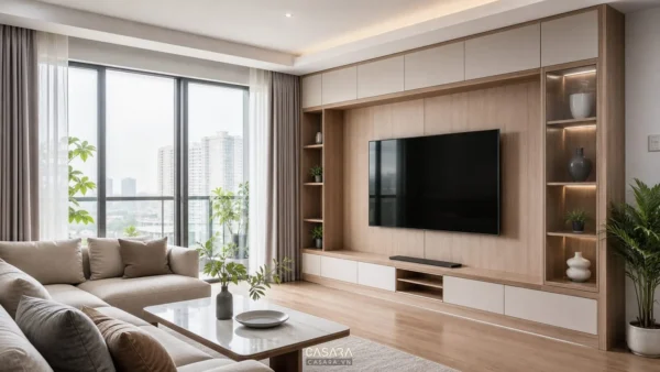 tủ phòng khách chung cư hiện đại kết hợp kệ tivi và sofa trong căn hộ