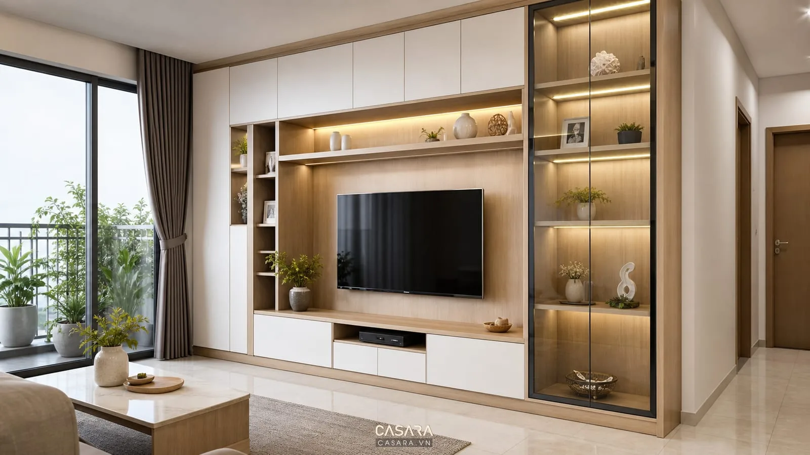 tủ phòng khách chung cư gỗ sáng phối trắng với khoang kính và đèn led