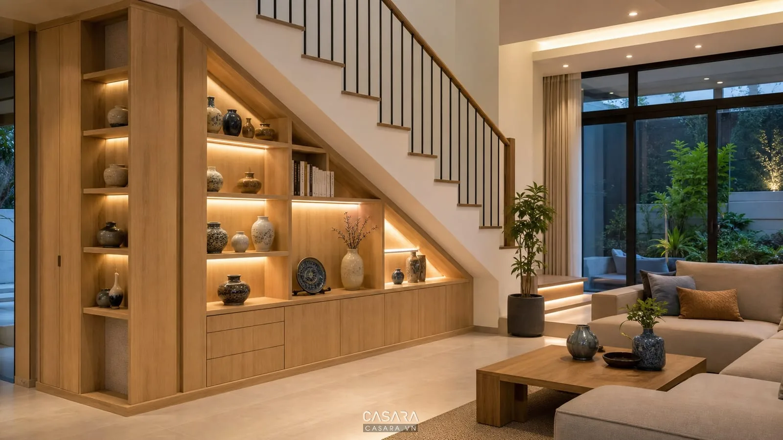Kệ trang trí gầm cầu thang phòng khách có đèn LED và đồ decor