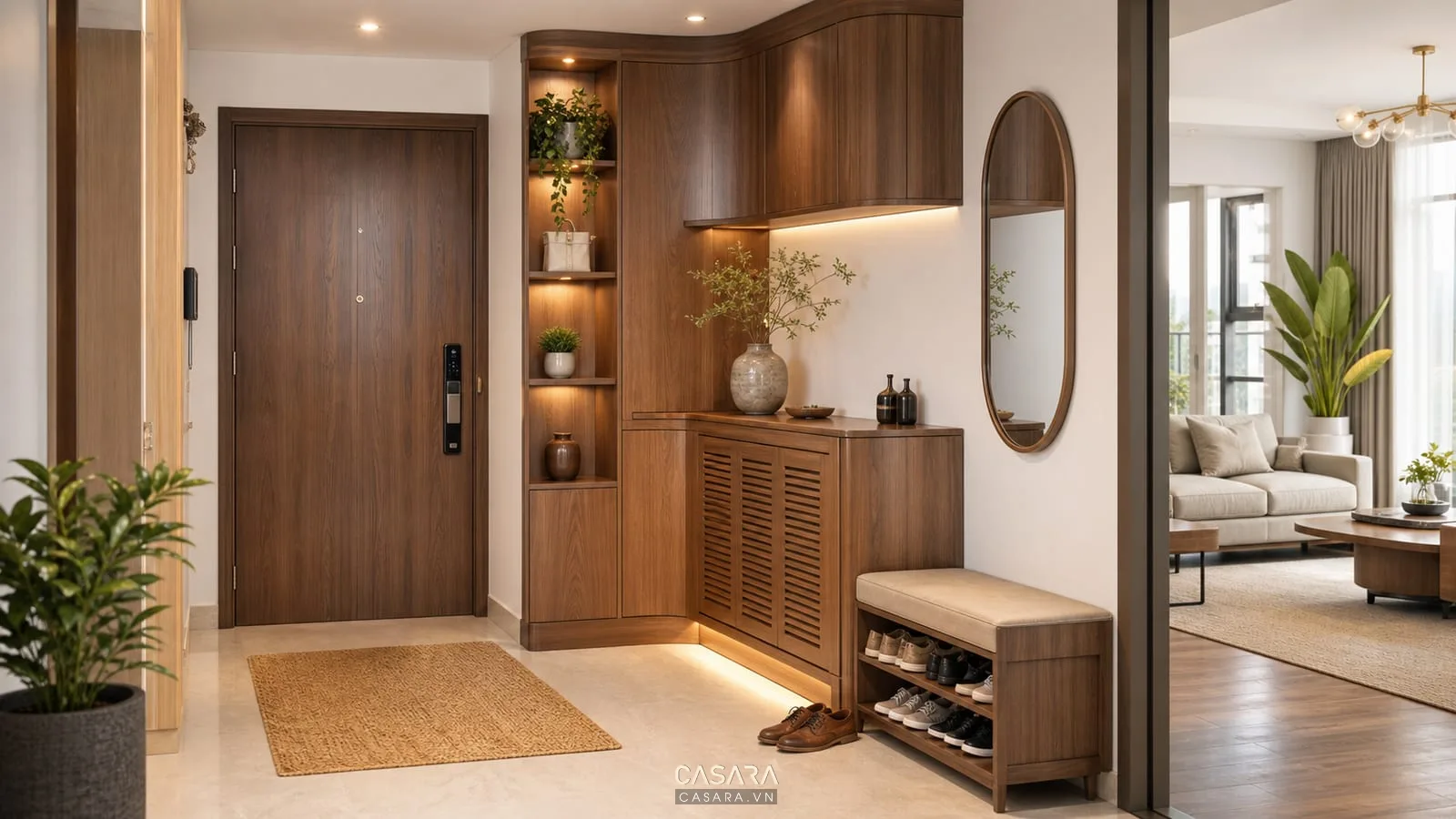 Thiết kế tủ giày nhà chung cư gần cửa ra vào với ghế ngồi và gương