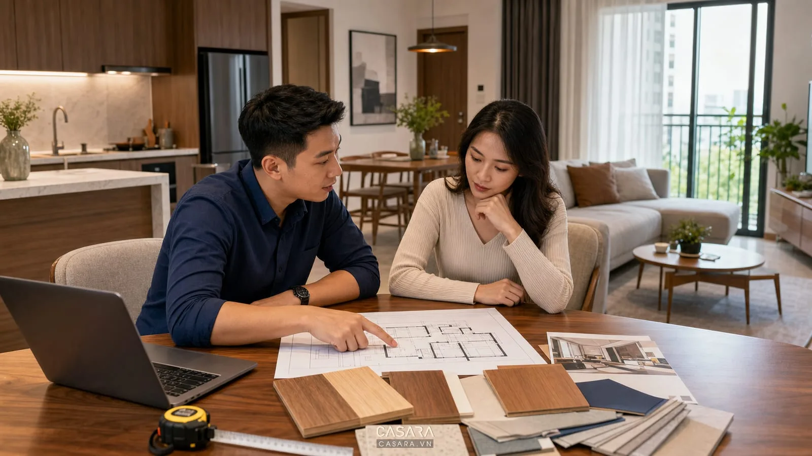 Kiến trúc sư tư vấn thiết kế chung cư trên bản vẽ mặt bằng và mẫu vật liệu nội thất