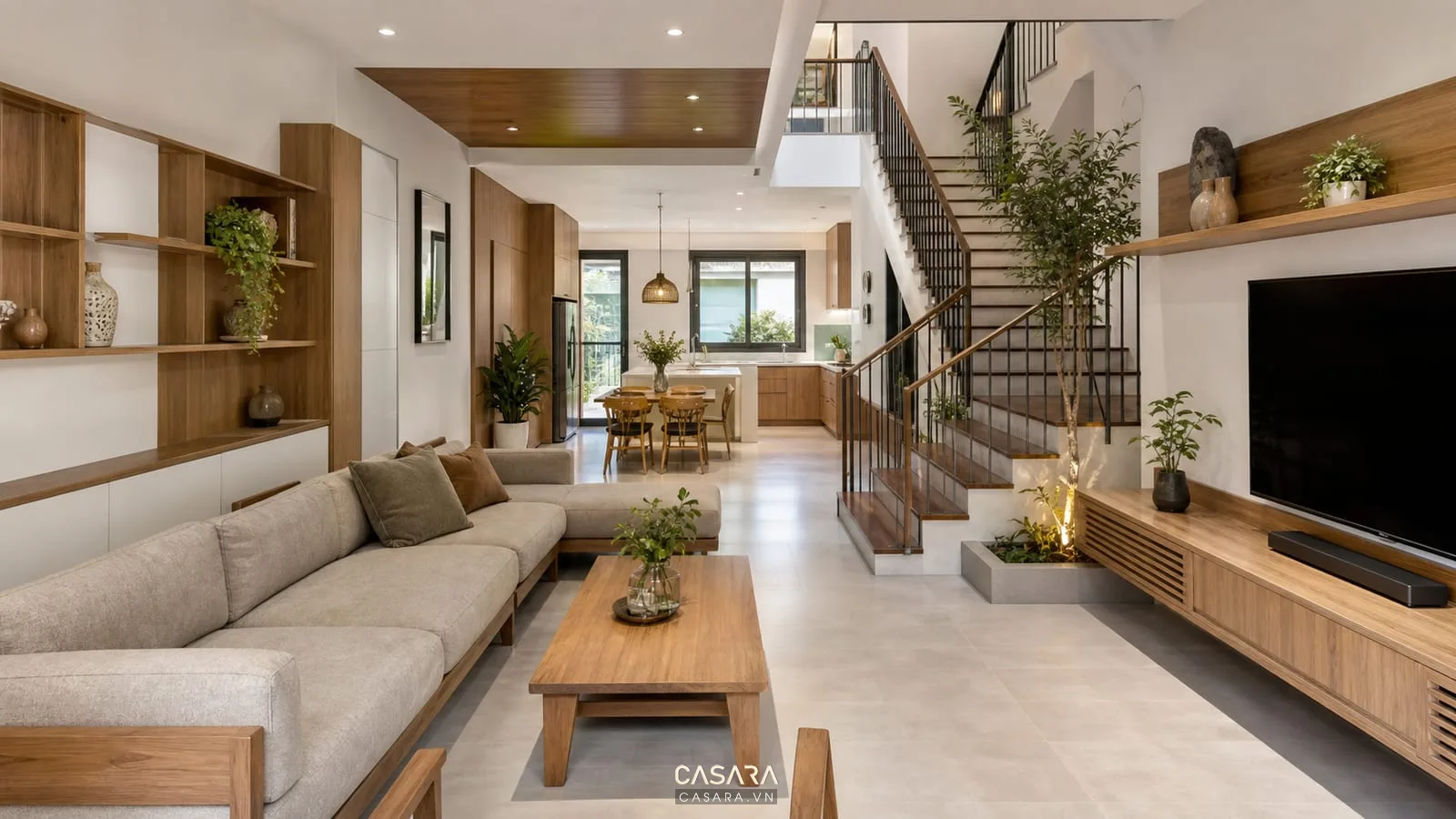Thiết kế nội thất nhà đẹp hiện đại có giếng trời cầu thang ánh sáng tự nhiên cây xanh và sàn gỗ