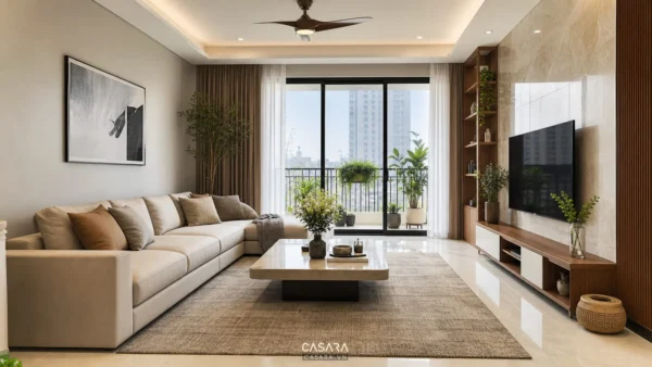 Phòng khách hiện đại có sofa lớn, bàn trà, kệ tivi và ánh sáng tự nhiên