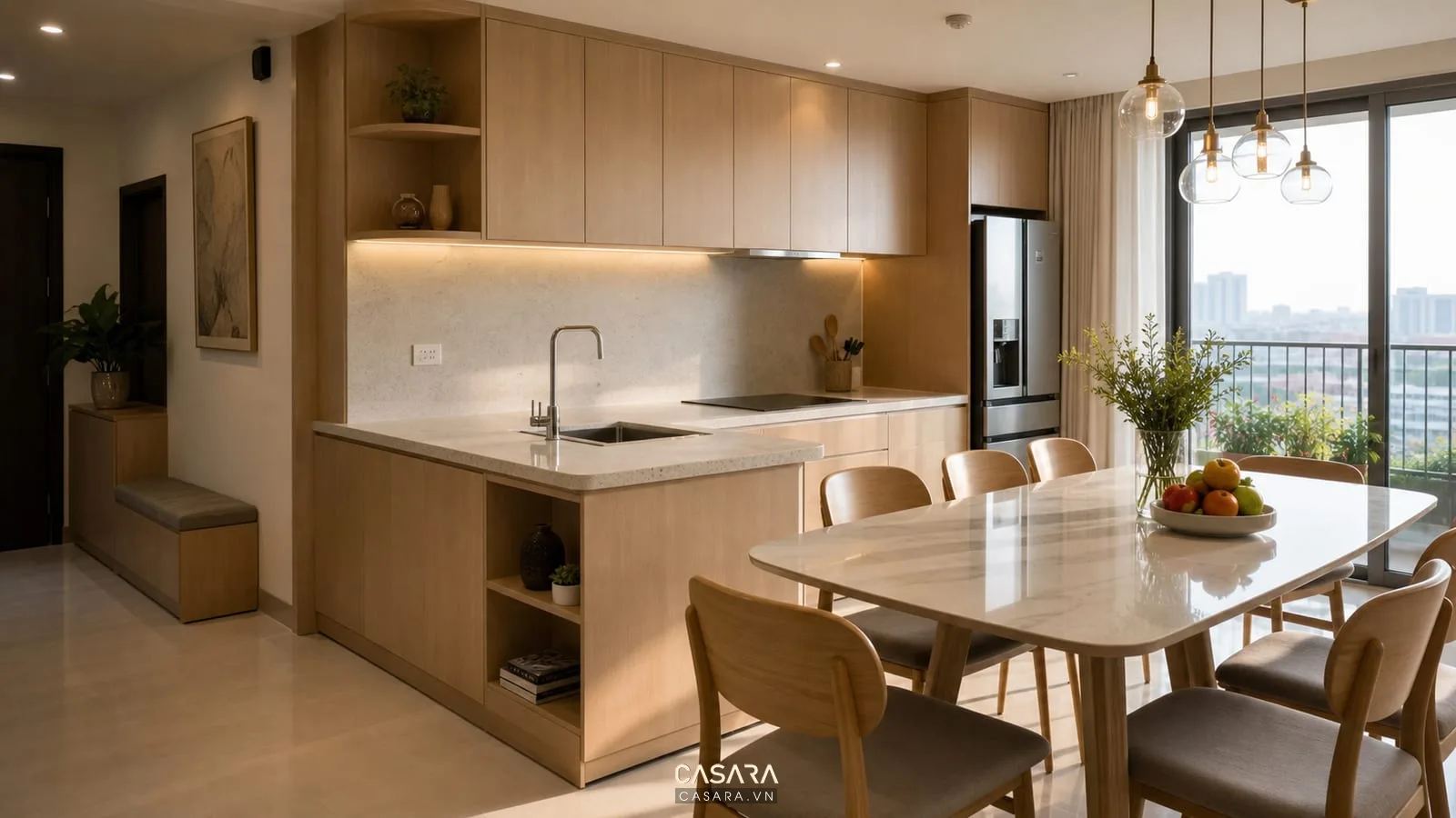 Bếp và bàn ăn căn hộ trong dự án thiết kế thi công nội thất nhà ở