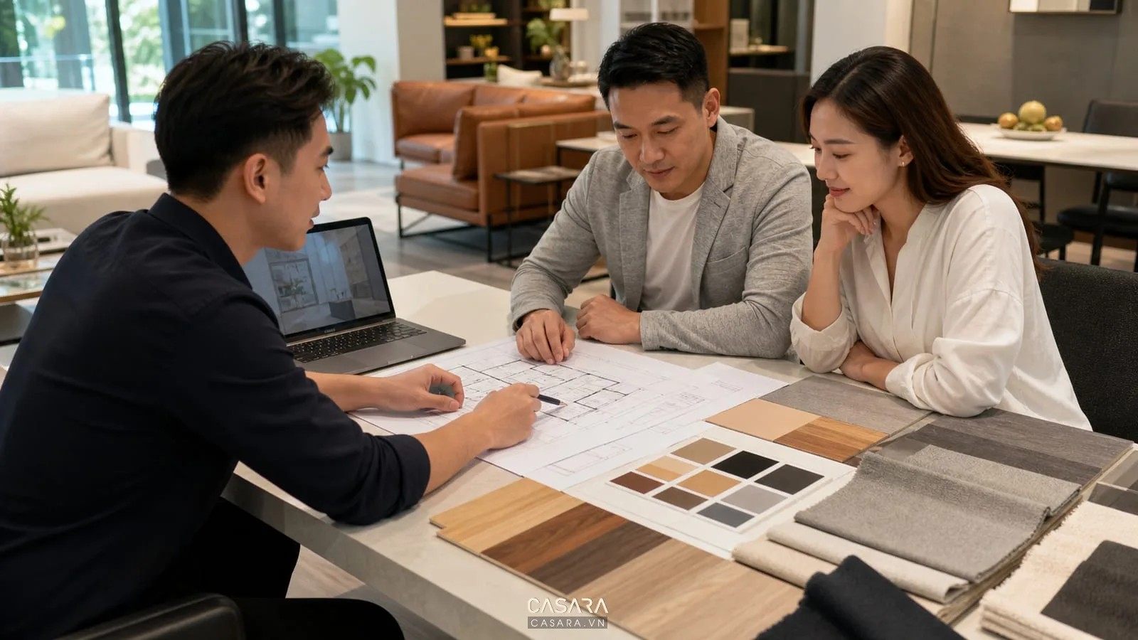 tư vấn thiết kế nội thất văn phòng với bản vẽ layout, laptop và mẫu vật liệu trên bàn họp