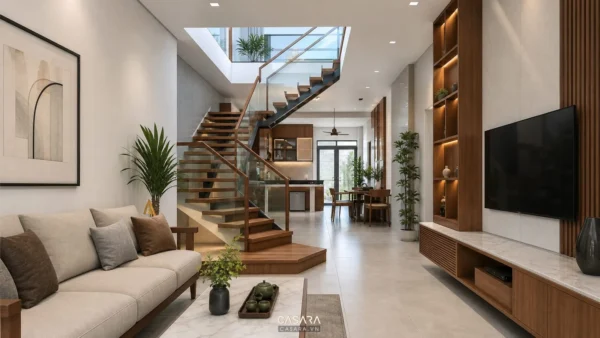 vị trí cầu thang nhà ống hiện đại với tay vịn kính, bậc gỗ, giếng trời và không gian phòng khách bếp