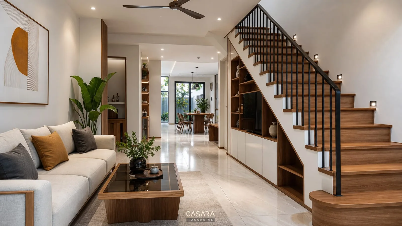 Gầm cầu thang phòng khách nhà phố với tủ âm cánh phẳng