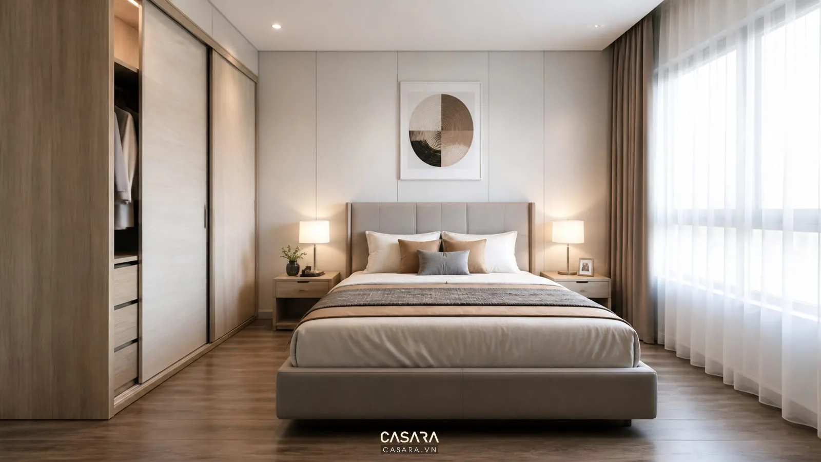 ý tưởng thiết kế chung cư phòng ngủ có giường đôi tủ quần áo cánh lùa và lối đi quanh giường