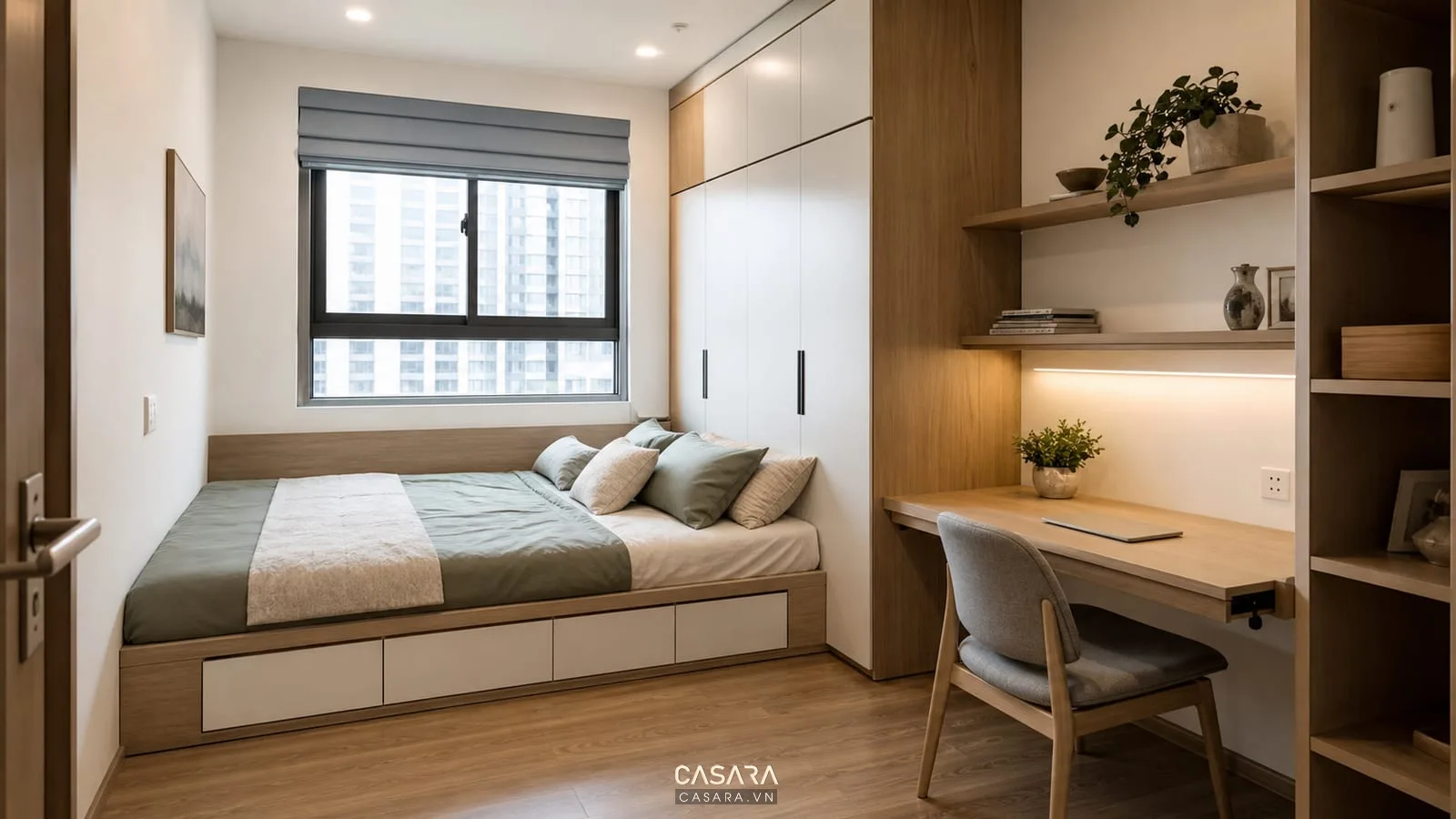 ý tưởng thiết kế chung cư mini đẹp với phòng ngủ nhỏ giường lưu trữ tủ kịch trần bàn gấp và kệ treo