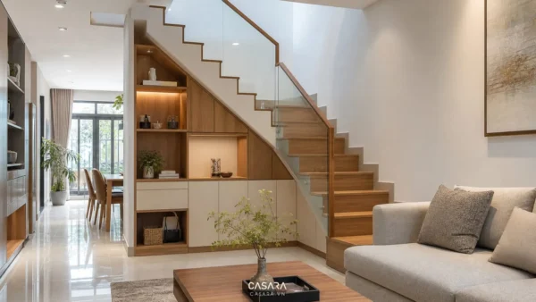 Gầm cầu thang phòng khách nhà ống hiện đại với tủ âm dưới cầu thang, sofa trung tính, bậc gỗ, lan can kính và ánh sáng tự nhiên