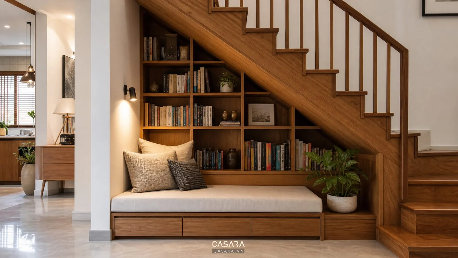 Gầm cầu thang làm góc đọc sách với ghế băng nệm sáng màu, kệ sách gỗ, đèn tường, cầu thang gỗ và không gian nhà phố ấm áp