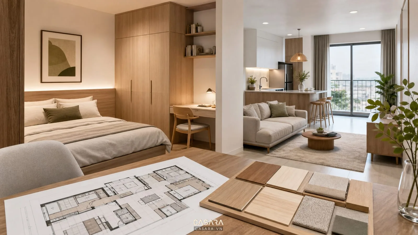 thiết kế căn hộ chung cư tối giản với tủ âm tường và màu trung tính