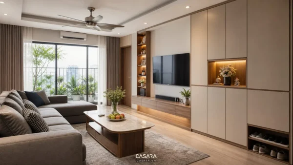 Phòng khách chung cư hiện đại có sofa góc, bàn trà và hệ tủ kệ tivi lớn