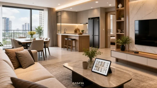 Phòng khách căn hộ chung cư liên thông bếp và bàn ăn với nội thất hiện đại