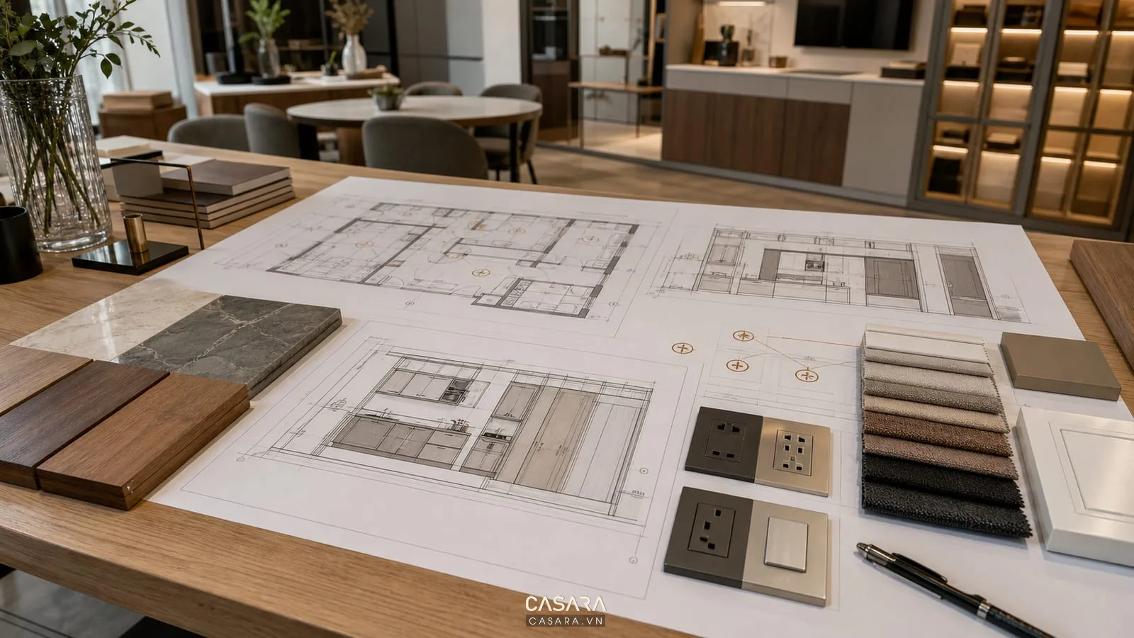 Hồ sơ thiết kế nội thất chung cư với bản vẽ kỹ thuật mẫu vật liệu và ký hiệu điện