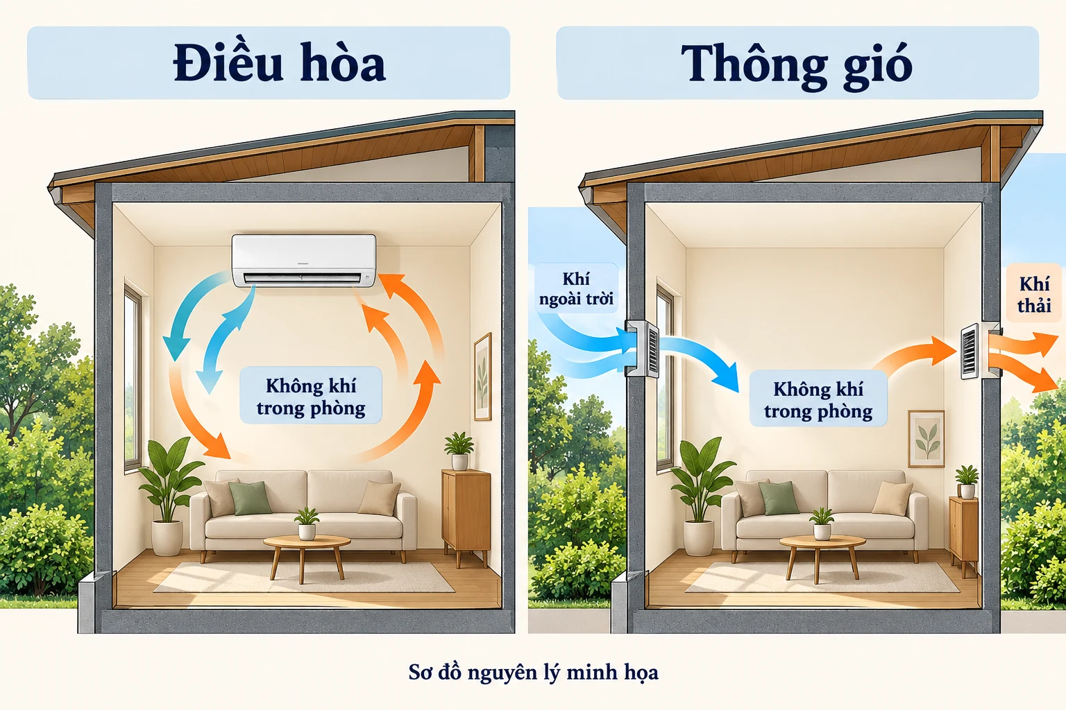 Sơ đồ so sánh điều hòa tuần hoàn khí trong phòng với thông gió lấy khí ngoài