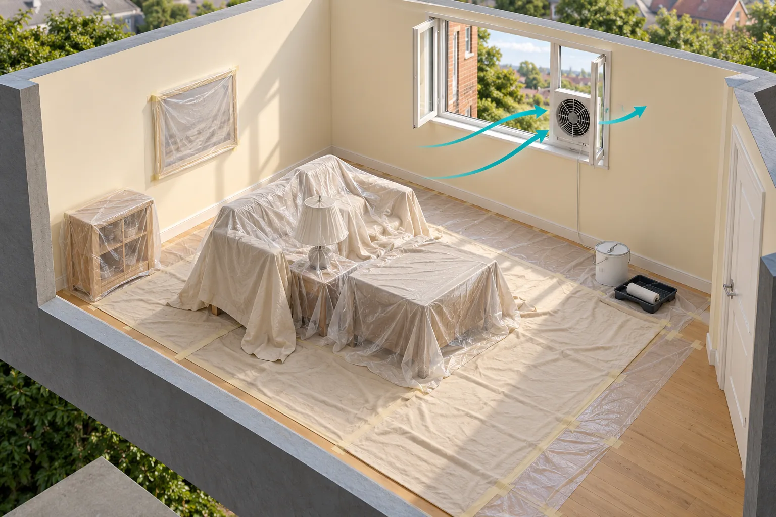 Minh họa phòng được che phủ đồ đạc và bố trí thông gió ra cửa sổ khi sơn