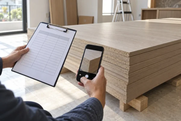 Người cầm bảng ghi và điện thoại chụp cạnh một chồng ván chưa gia công