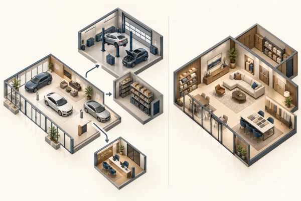 Minh họa phân biệt khu trưng bày ô tô, dịch vụ và phụ tùng với showroom nội thất